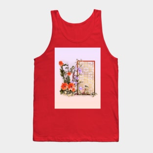 Red sumiE watercolor flowers with a chinese lattice Tank Top